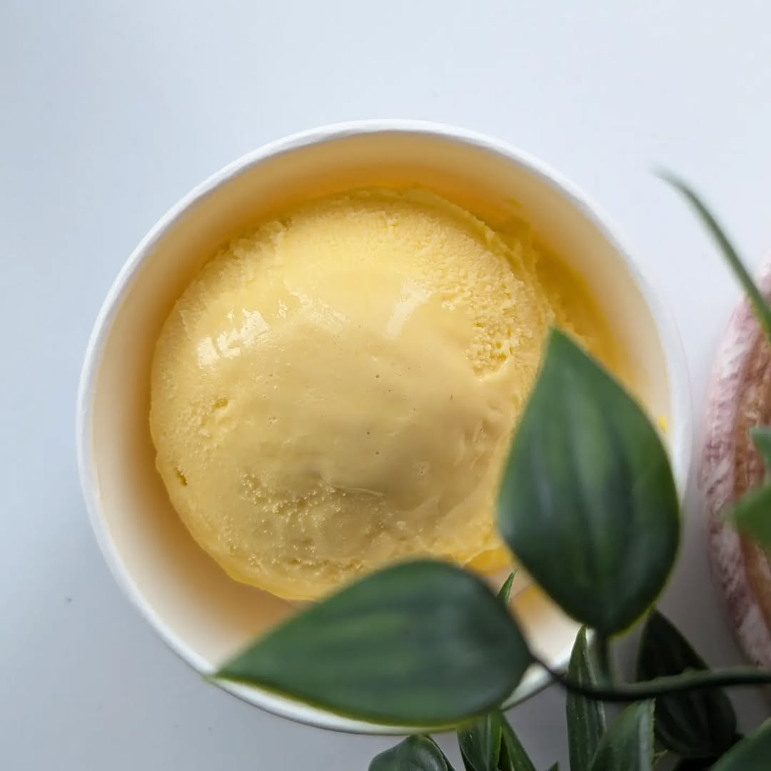 Yellow ice cream in a cup next to greenery