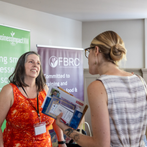Loan readiness coach talking to a potential borrower at an event.